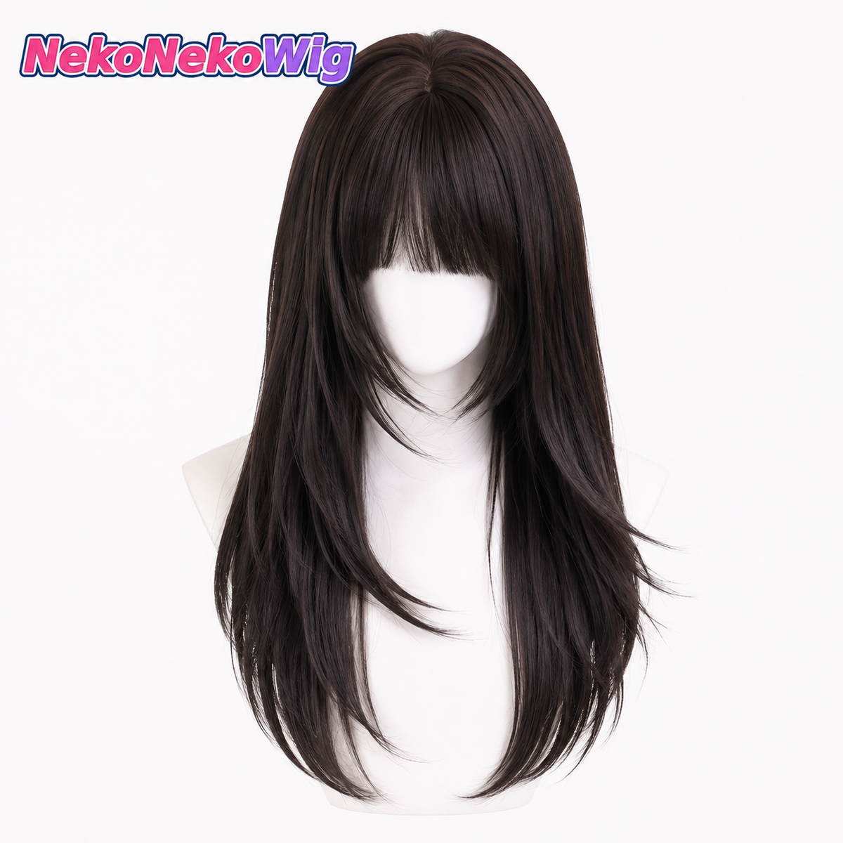 Black Tea Brown Long Straight Cosplay Wig  High-Layer Full Bangs Lolita JK Style