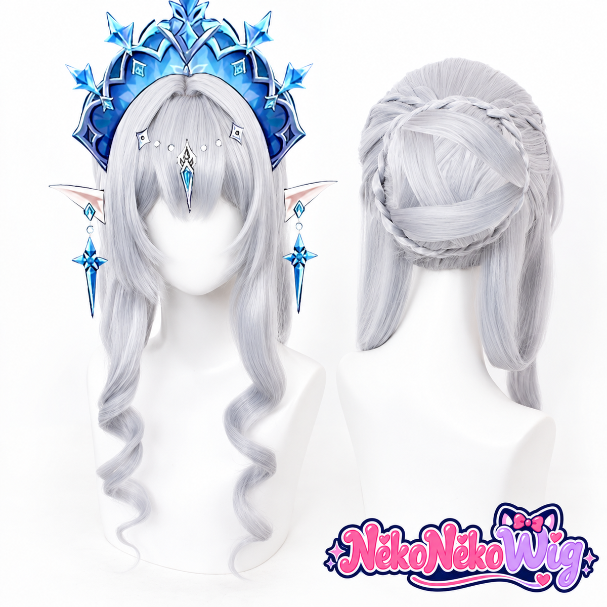 Silver-white Anastasia cosplay wig with braided crown and long face-framing curls