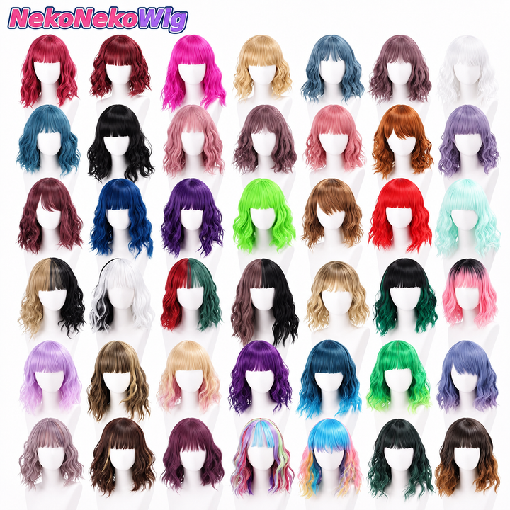Short Wavy Curly Cosplay Wig – Straight Bangs Multi-Color Styles
