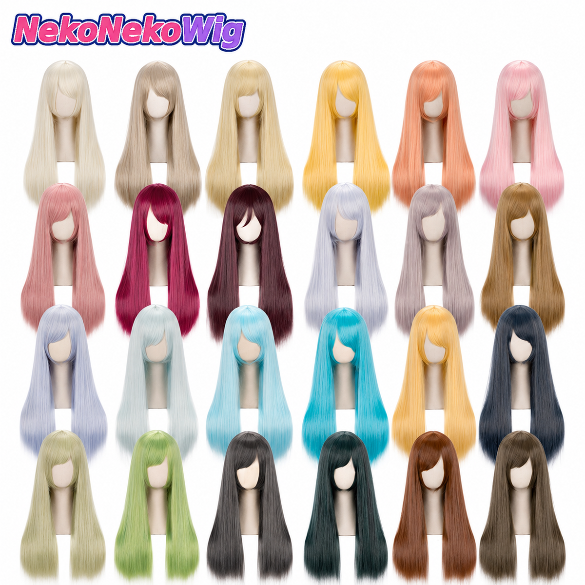 60cm 멀티 컬러 긴 스트레이트 코스프레 가발 – 로즈 망 또는 버클 망 옵션