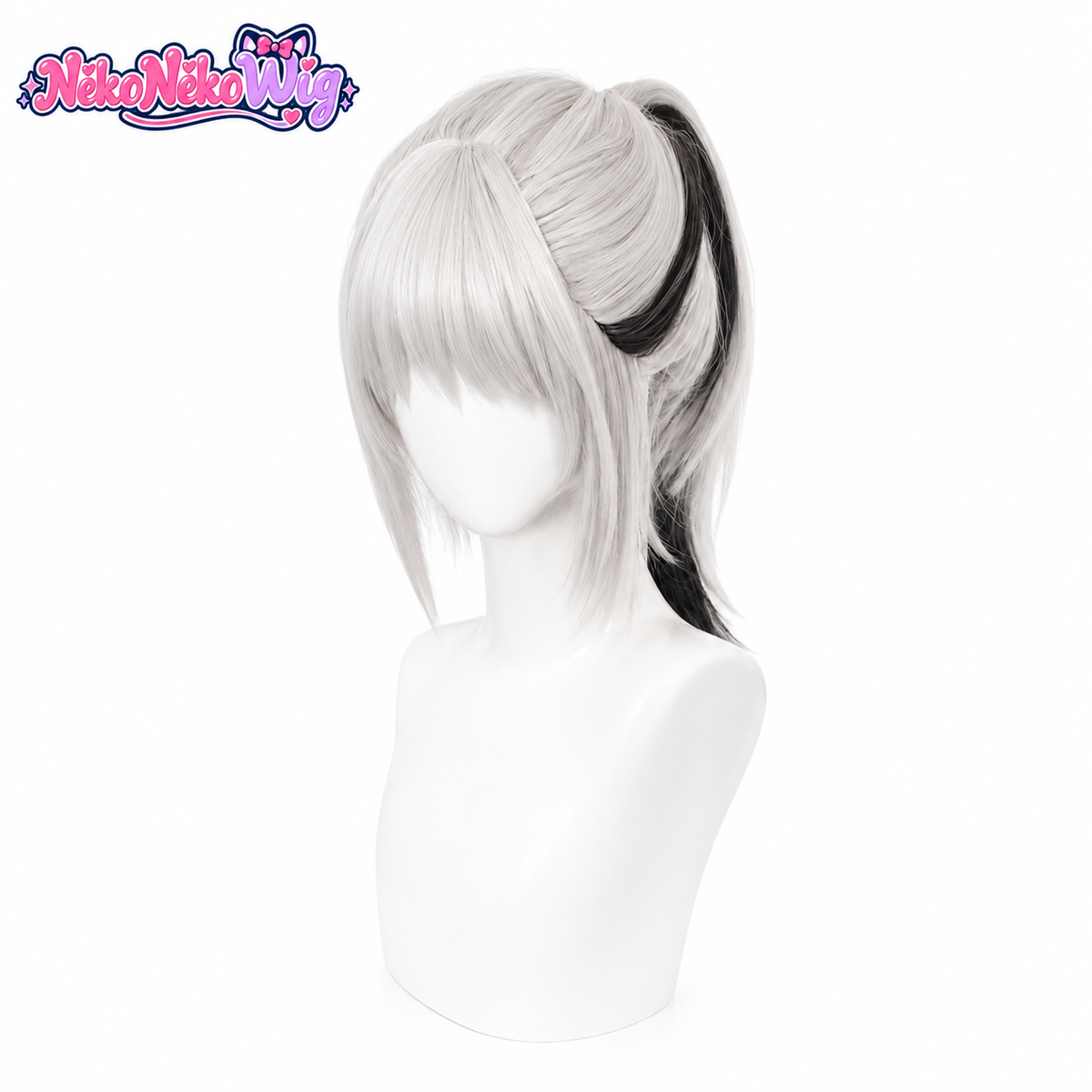 Delta Force Hackclaw silver and black high ponytail cosplay wig, front view