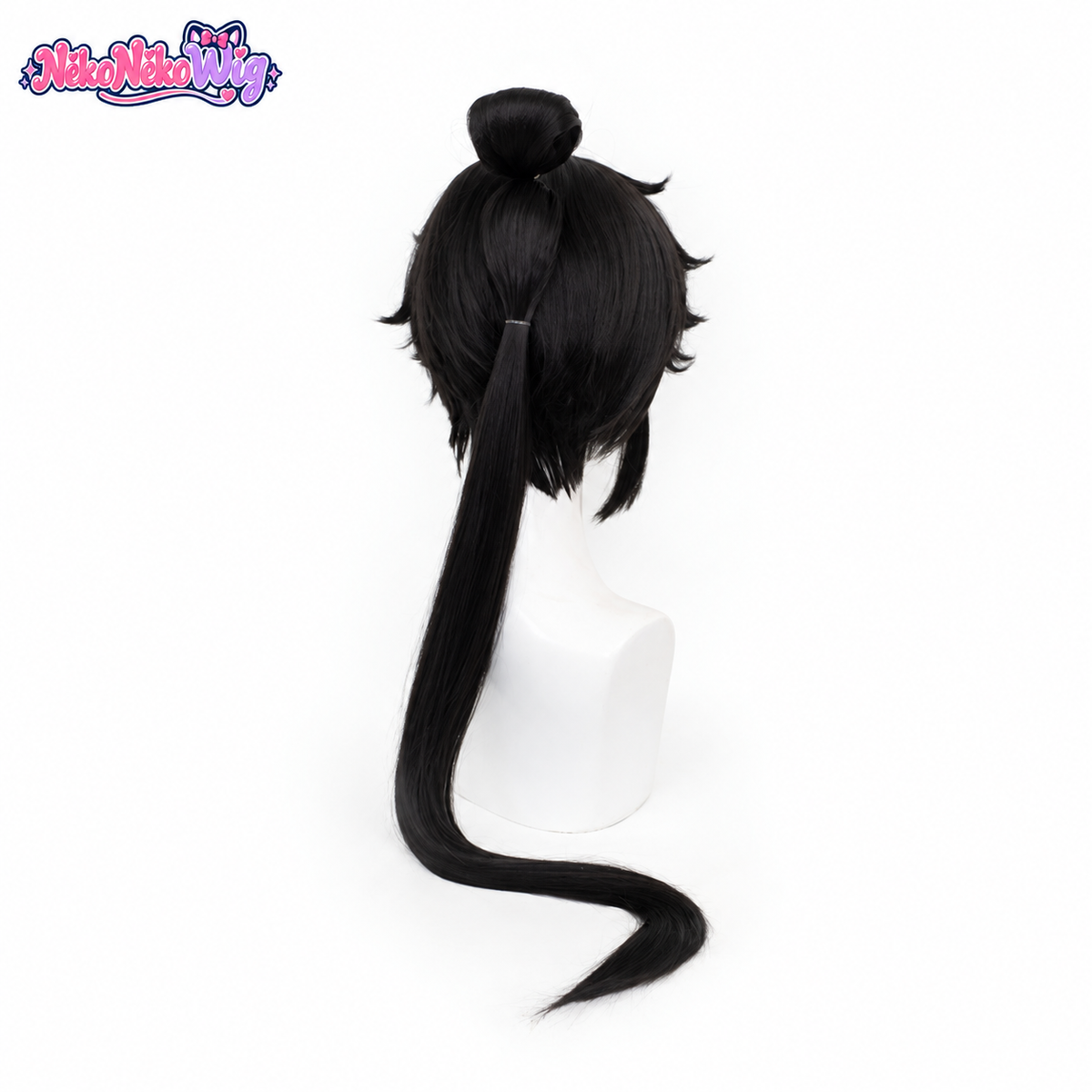 Sun Quan black cosplay wig with top bun and long ponytail, back view