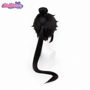Sun Quan black cosplay wig with top bun and long ponytail, back view