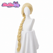 Rapunzel-inspired long blonde braided wig, front view on a mannequin
