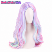 Rainbow Mixed-Color Long Wavy Cosplay Wig  Harajuku Lolita Center-Part Style