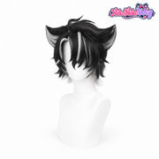 Wriothesley cosplay wig front view with black layered hair and gray accents