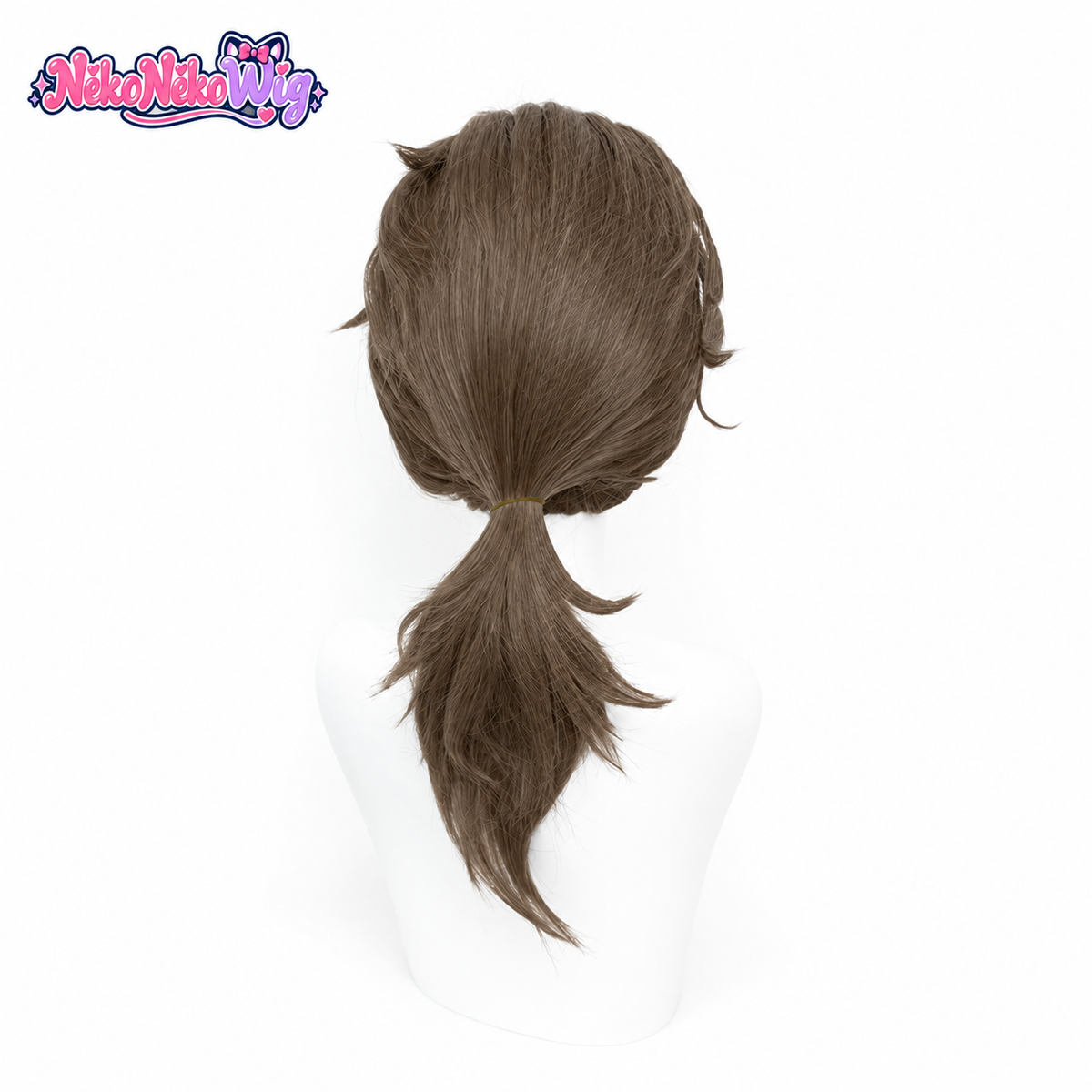 Mercenary brown low ponytail cosplay wig with layered ends, back view