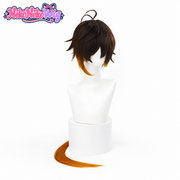 Zhongli cosplay wig in dark brown with amber ends, front view