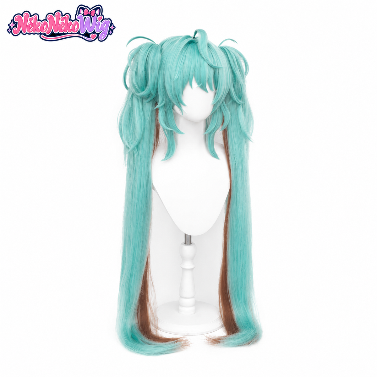 Hatsune Miku mint and brown clip-on twin tail cosplay wig, front view