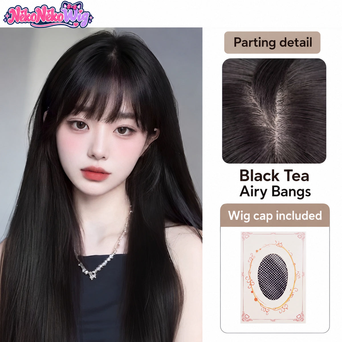 Black Tea long straight wig with airy bangs, parting detail and included wig cap; supplier model reference