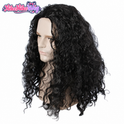 Maui-inspired long black curly wig, left three-quarter view