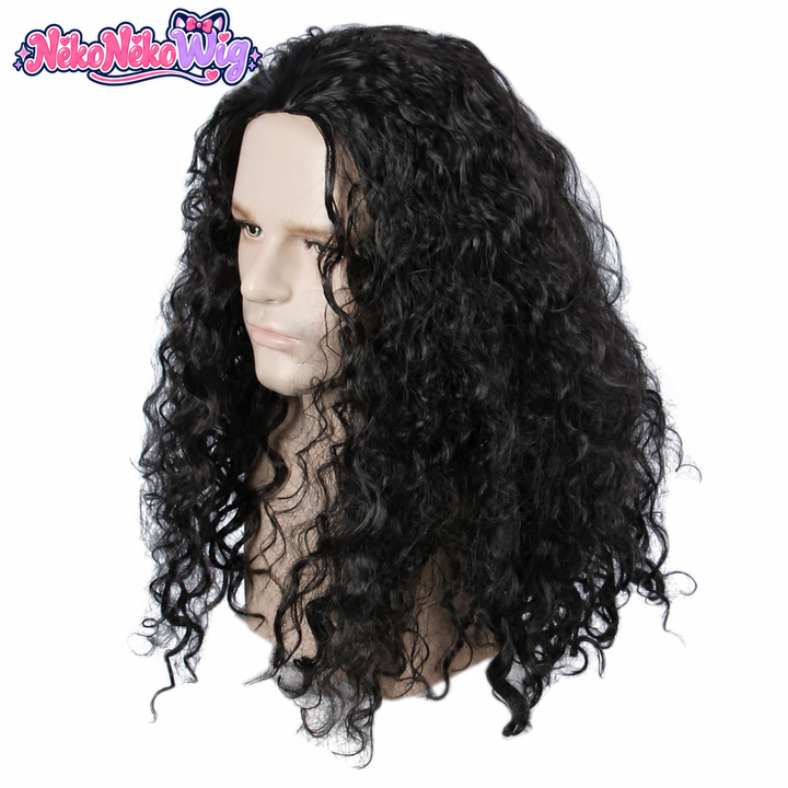Maui-inspired long black curly wig, left three-quarter view