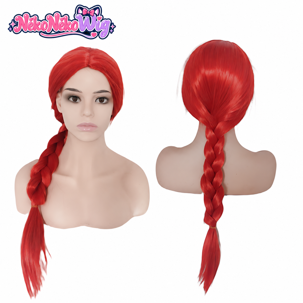 Jessie-inspired red single-braid wig, front and back on mannequins