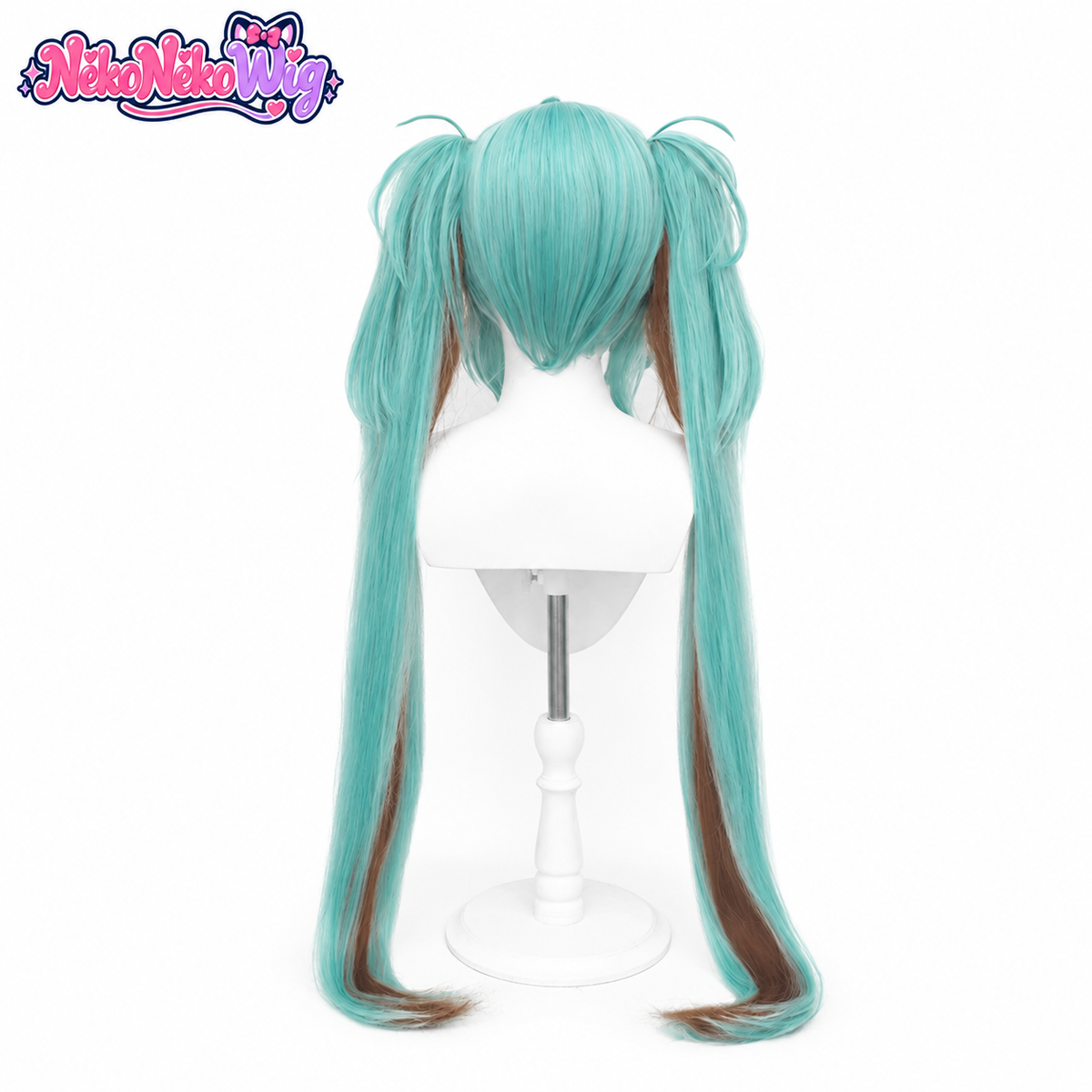 Hatsune Miku two-tone mint and brown twin ponytail wig, back view