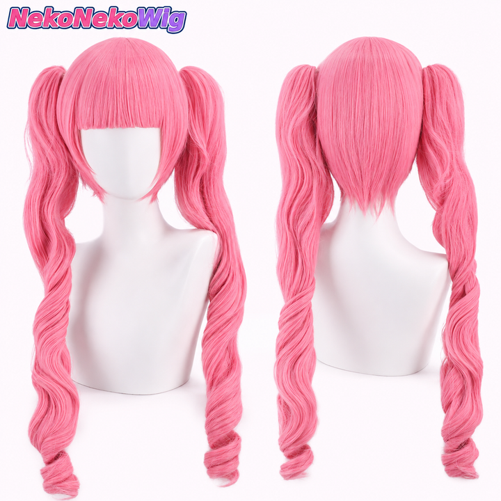 One Piece Perona Cosplay Wig  Rose Pink 65cm Twin Curled Ponytail Character Style