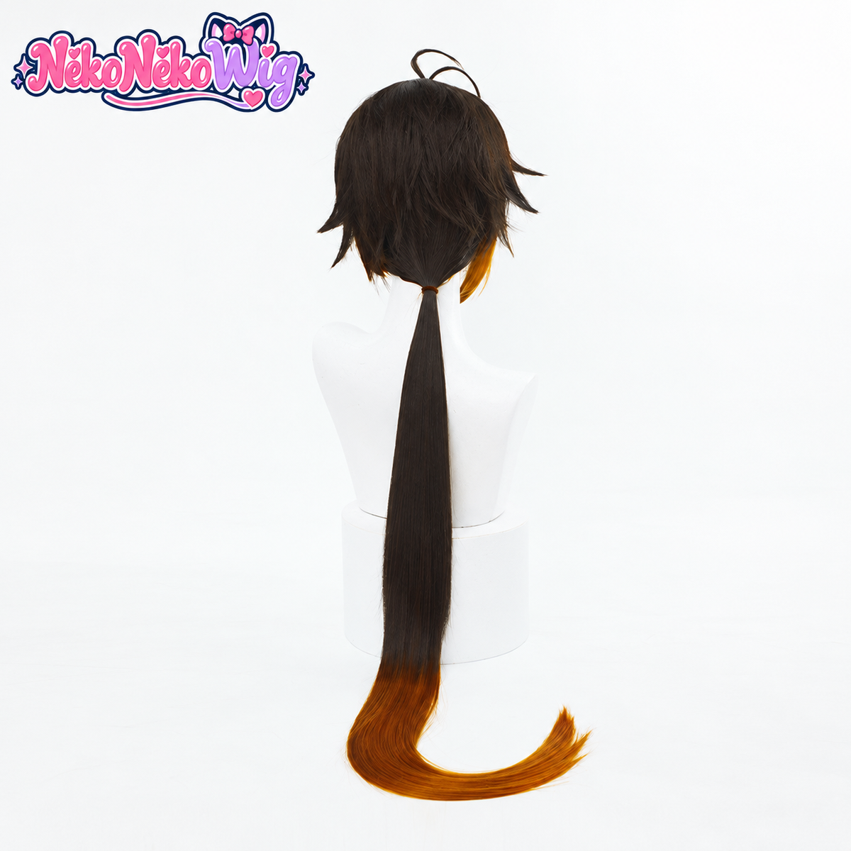 Genshin Impact Zhongli Cosplay Wig - Dark Brown and Amber Low Ponytail