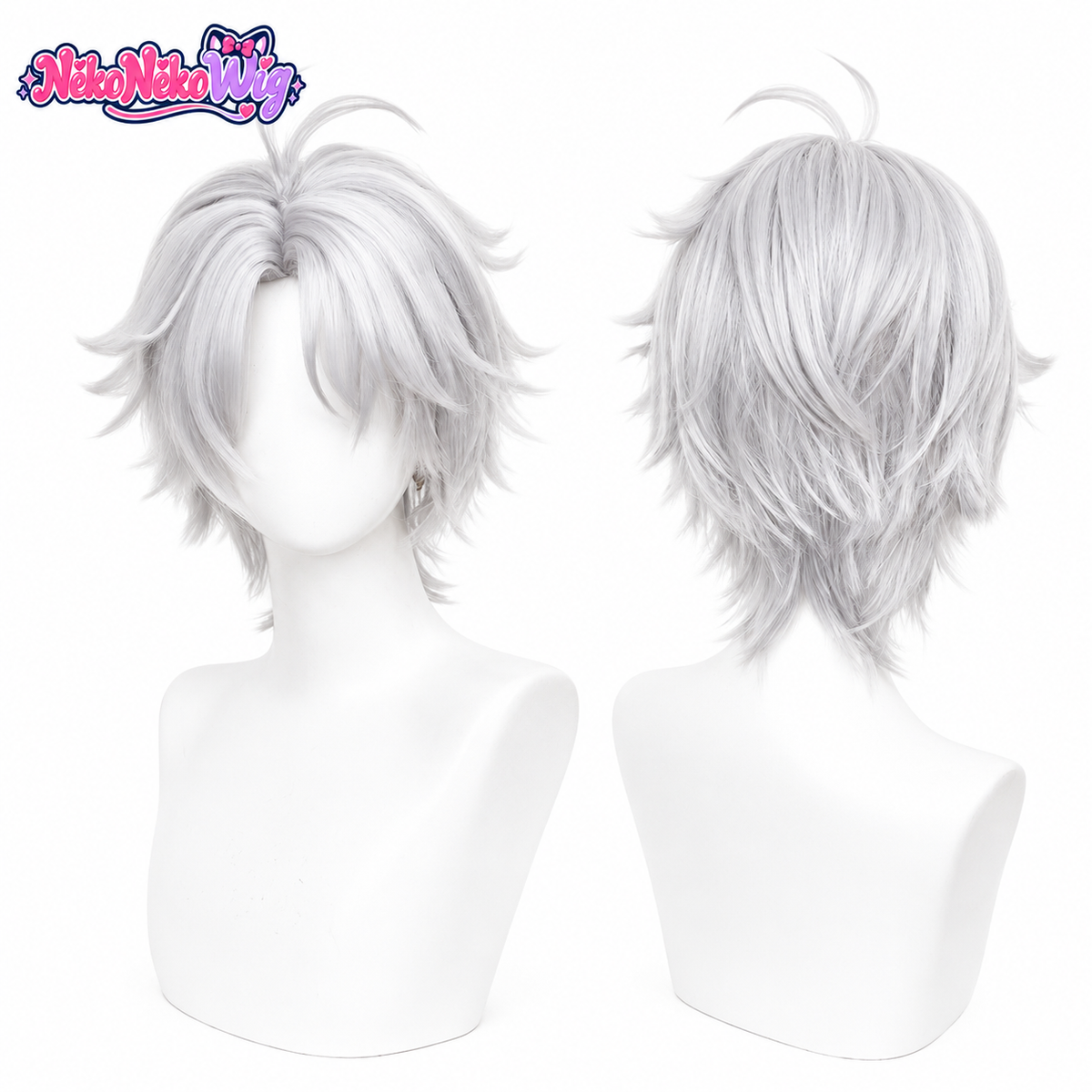 Phainon cosplay wig front and back views with short silver-white layered hair