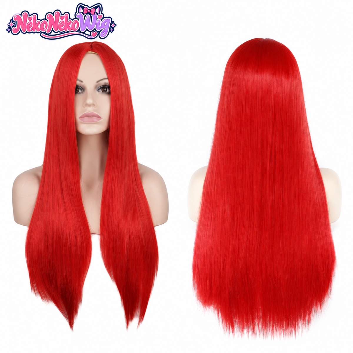 Sally-inspired long red straight wig, front and back on mannequins