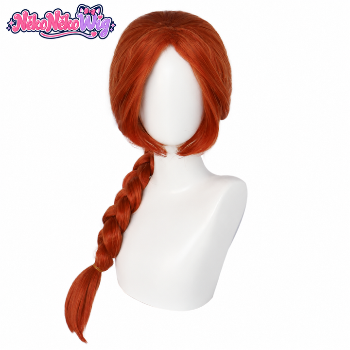 Fiona-inspired auburn single-braid wig, front view on mannequin