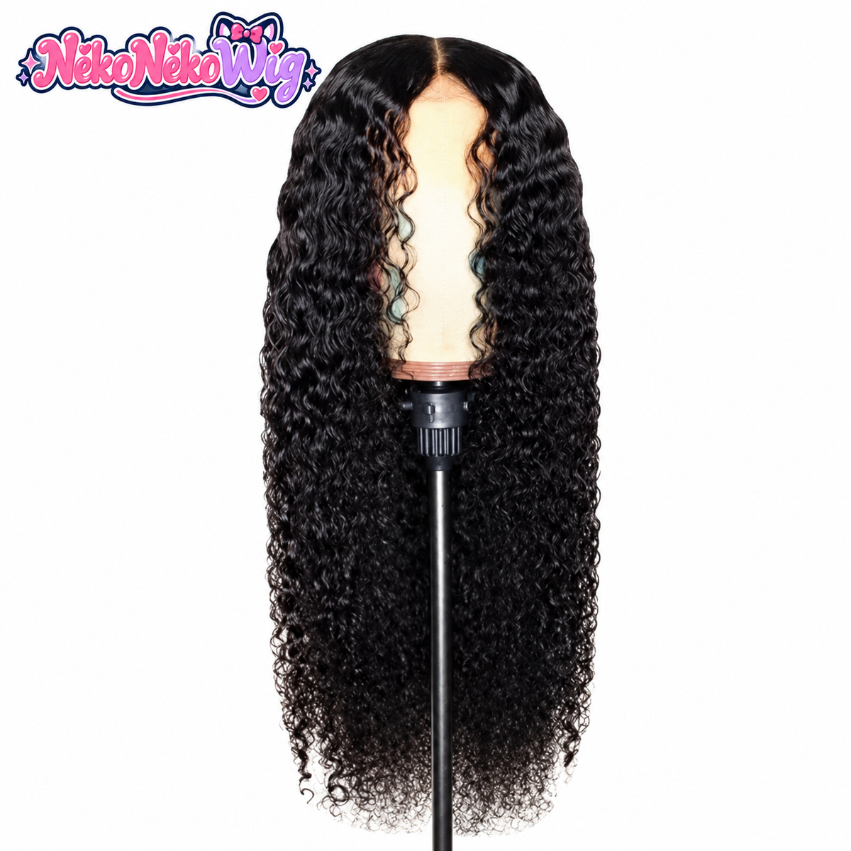 Black Long Tight-Curl Wig - Center-Part Style