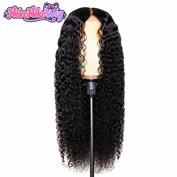 Black Long Tight-Curl Wig - Center-Part Style