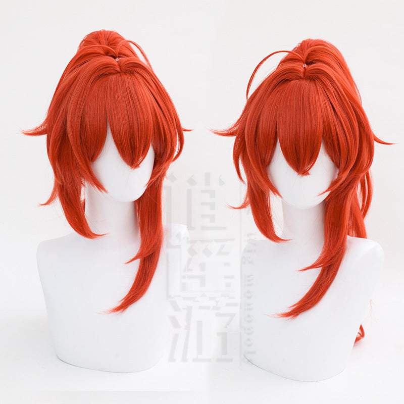 Genshin Impact Diluc Red Dead of Night Cosplay Wig  Red Clip-On High Ponytail Style