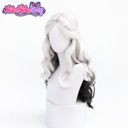 Ada Mesmer cosplay wig front view with long white-to-black waves and side-swept fringe