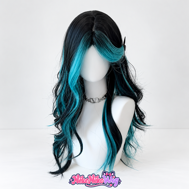 Black long center-part wavy wig with teal-blue highlights; hair clip and necklace are display props