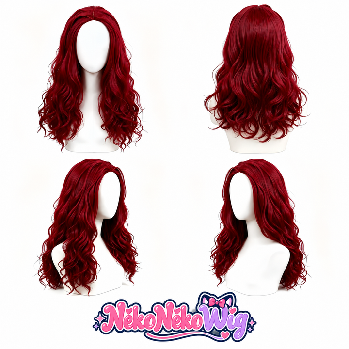 Burgundy-red long center-part wavy costume wig, front, back and two side views