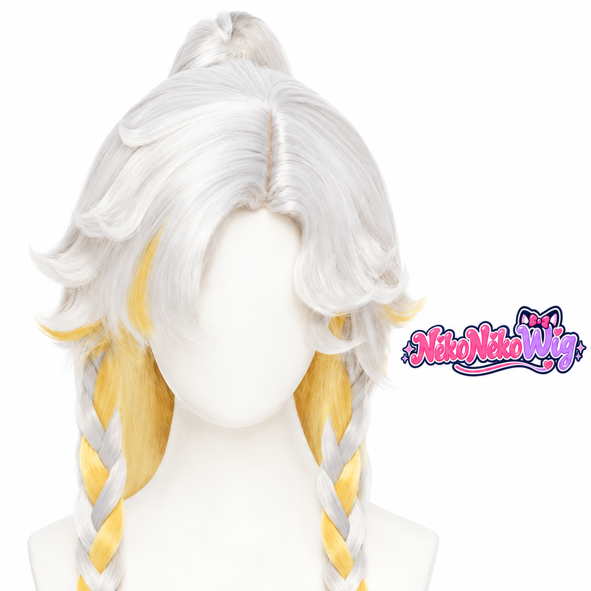 A white cosplay wig with yellow highlights, swept layers and two contrasting braided sections. NekoNekoWig product view.