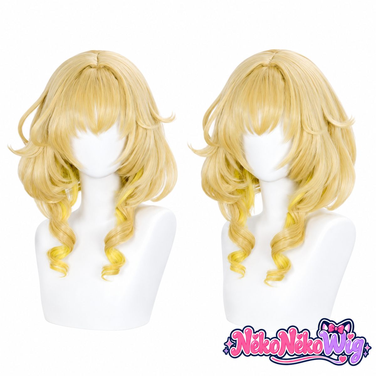 A blonde cosplay wig with a layered bob, separated fringe, outward flicks and longer spiral curls at the front. NekoNekoWig product view.