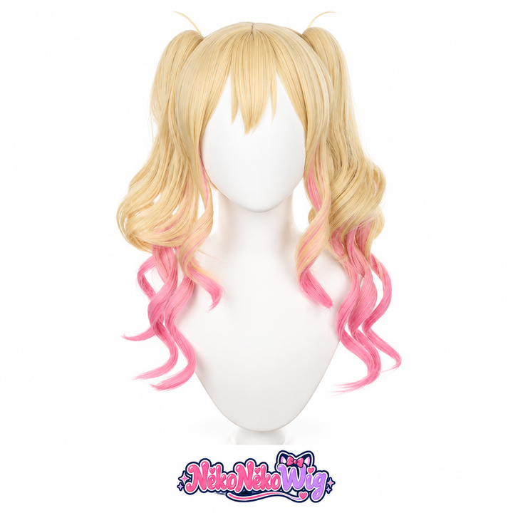 A blonde and pink gradient cosplay wig with a segmented fringe and high twin ponytails styled in loose curls. NekoNekoWig product view.