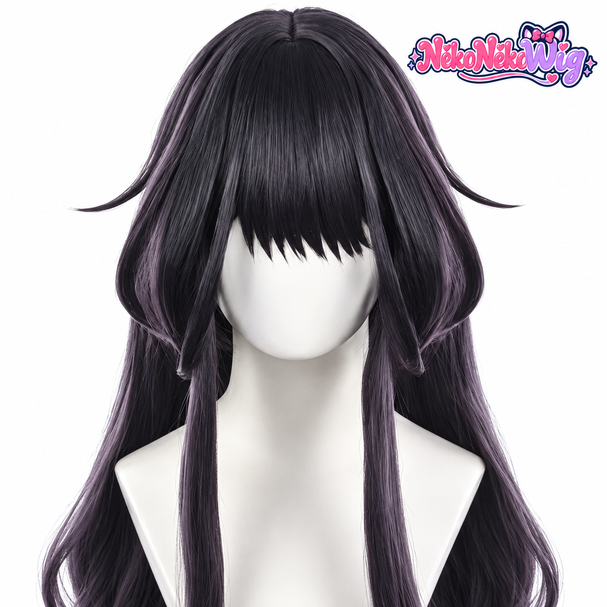 A Kaoruko Waguri-style cosplay wig with subtle black-purple coloring, an airy fringe, curved cheek sections and loose long waves. NekoNekoWig product view.
