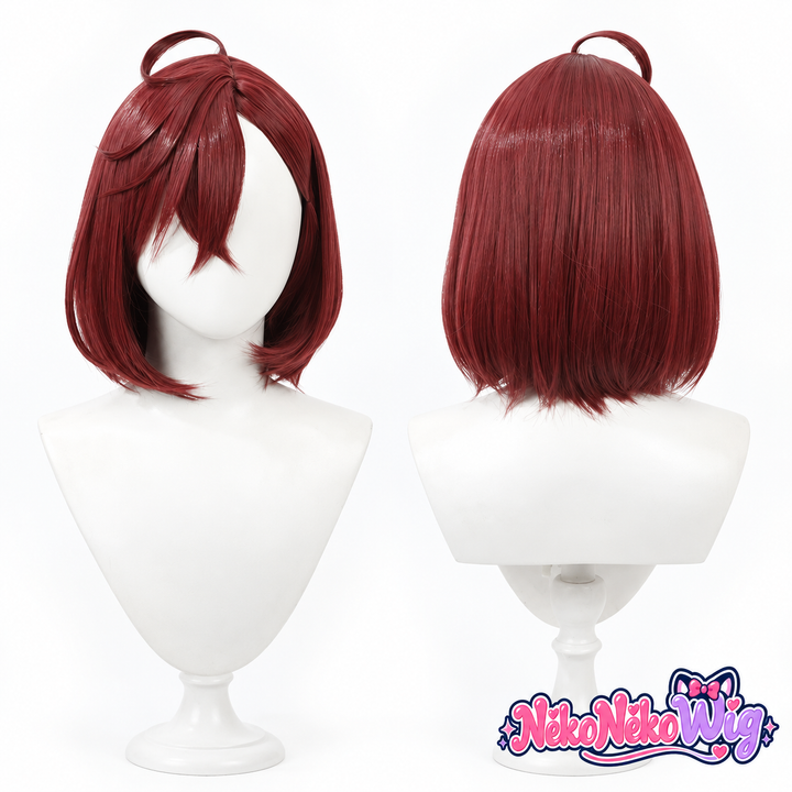 A Momo Ayase-style cosplay wig for Dandadan, with a dark burgundy bob, an angled fringe and a small looped crown strand. NekoNekoWig product view.