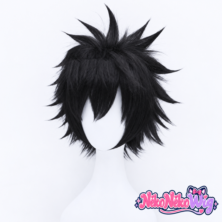 A short black cosplay wig with an uneven fringe, layered side pieces and a radiating spiky crown, style by Touma. NekoNekoWig product view.